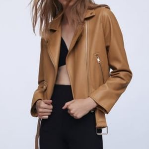 Zara Faux Leather Biker Jacket Light Camel